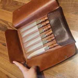 Vintage Wooden Handled Stainless Steel Steak Knives Set of Six In Vinyl Case